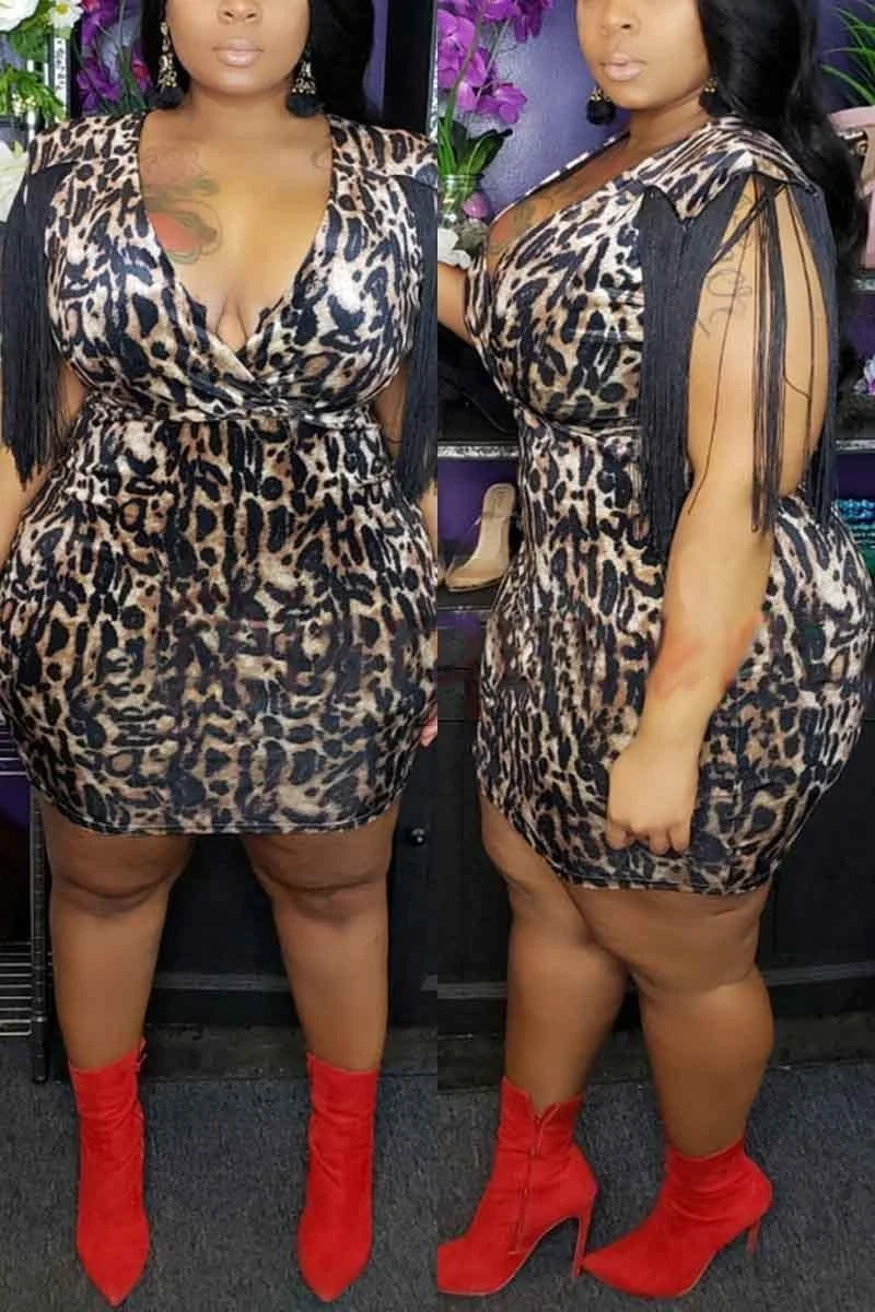 Sexy V Neck Leopard Tassel  Dress
