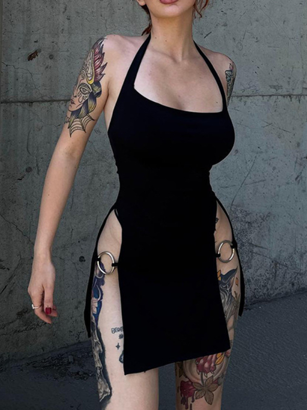 Sexy Solid Color Backless Hollow Halter Bodycon Dress