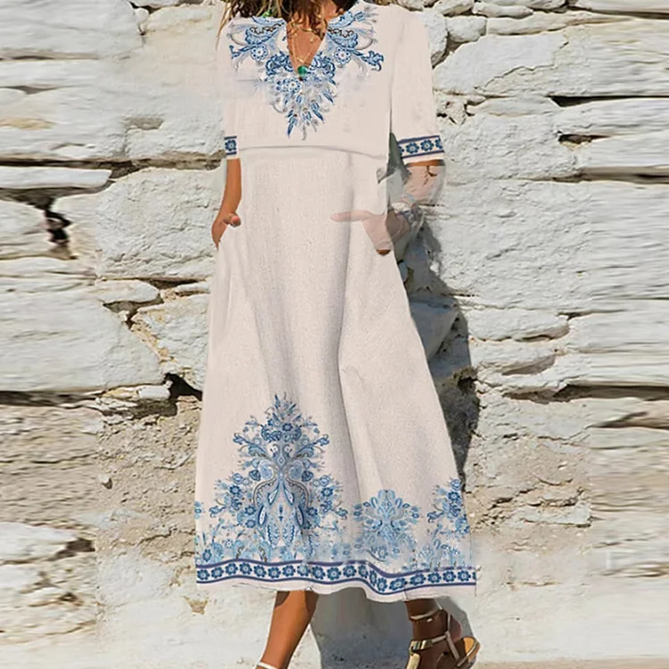 Trendy Ethnic Vintage Floral Print A-Line V-Neck Party Midi Dress