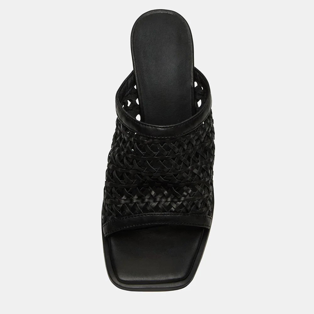 Chic Black Open Square Toe Woven Cylinder Heel Mules Sandals