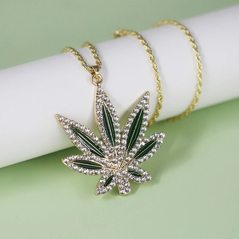 Alloy Copper Inlay Maple Leaf Zircon Pendant Necklace