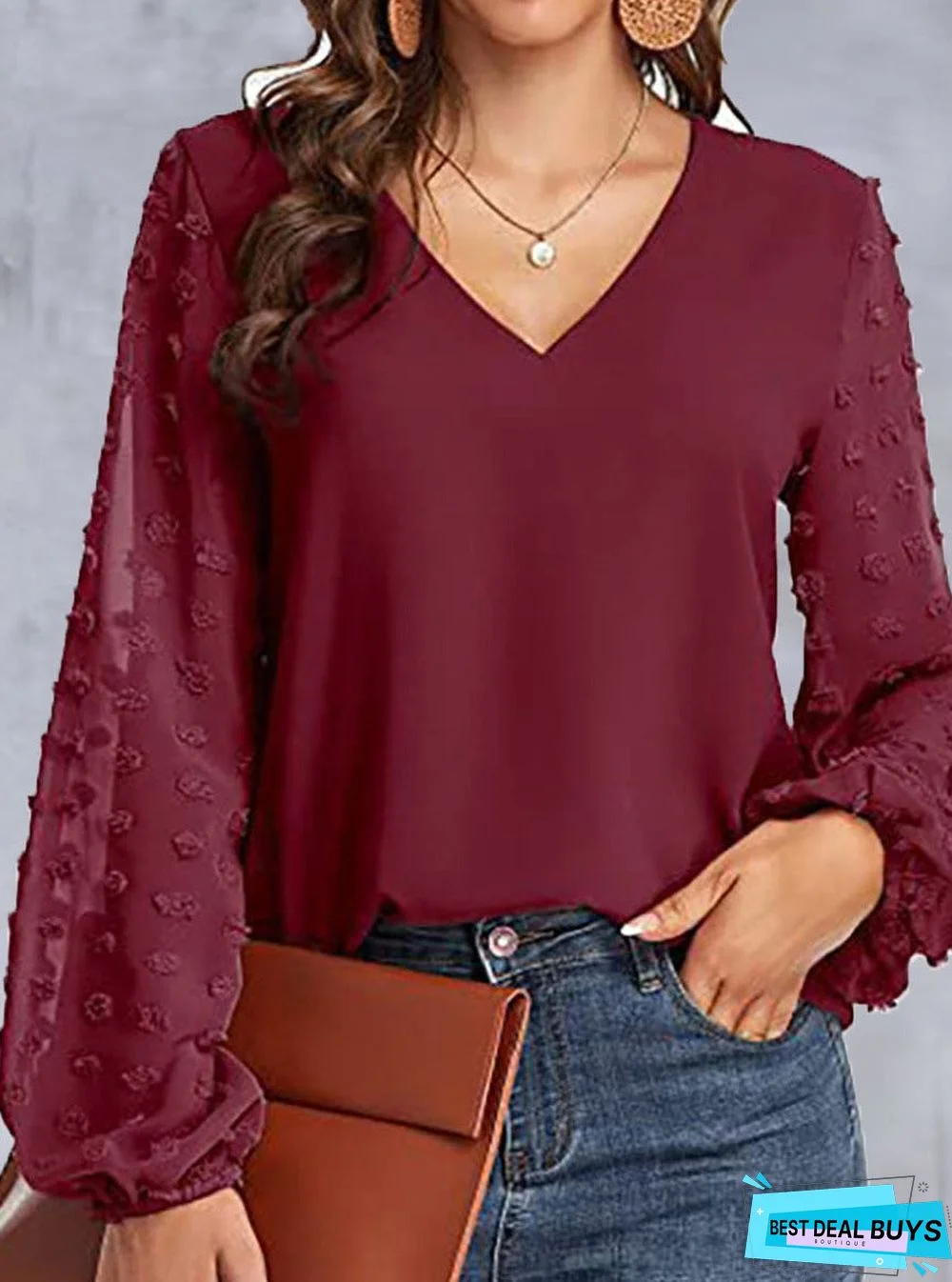 V-Neck Paneled Casual Long-Sleeve Blouse