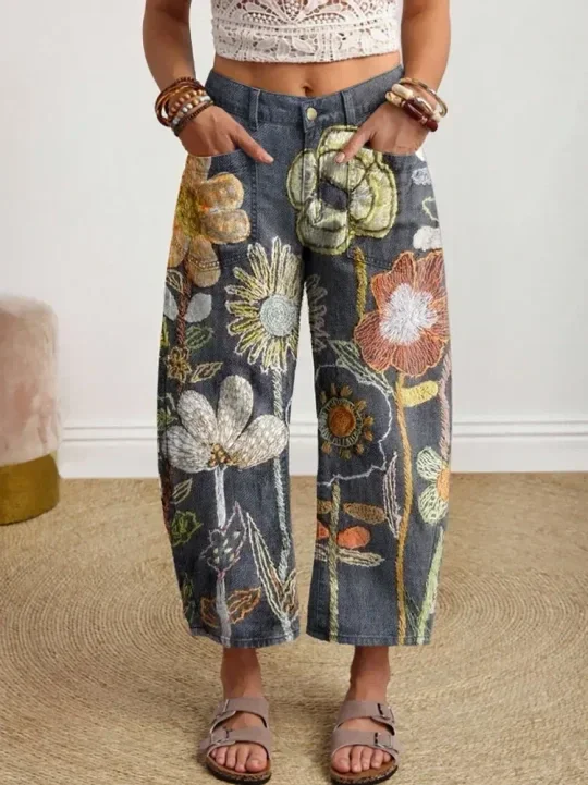 Women's Vintage-style Textured Floral Art Print Casual Cotton Trousers With Pockets.