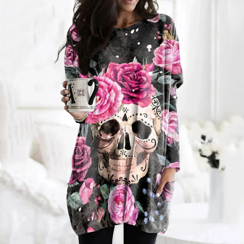 Long Sleeve Floral Skull Print Tunic