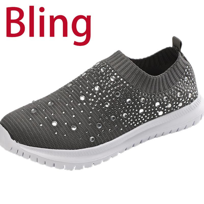 Women Flats Sneakers Crystal Fashion Bling Sneakers Casual Slip On Sock Trainers Shoes 