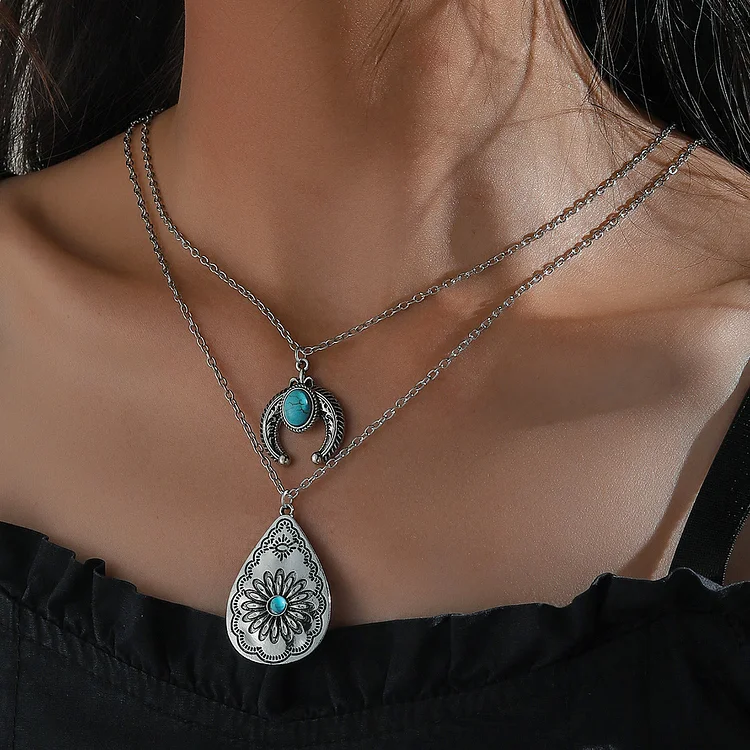 Turquoise Drop Carved Double Layer Pendant Necklace