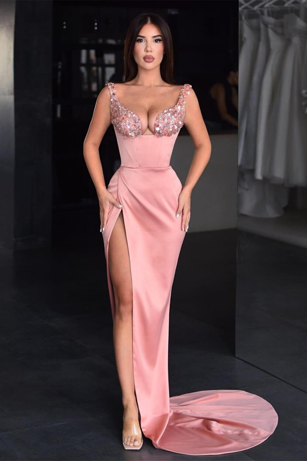 Dresseswow Pink Sleeveless Mermaid Evening Dresses High Slit Long With Sequins