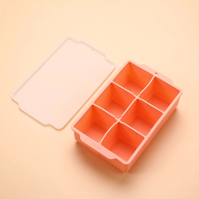 Silicone Large Ice Cube Mold Household Quick Frozen Ice Box Large Size With Lid 6 Holes Square Ice Cube Mold