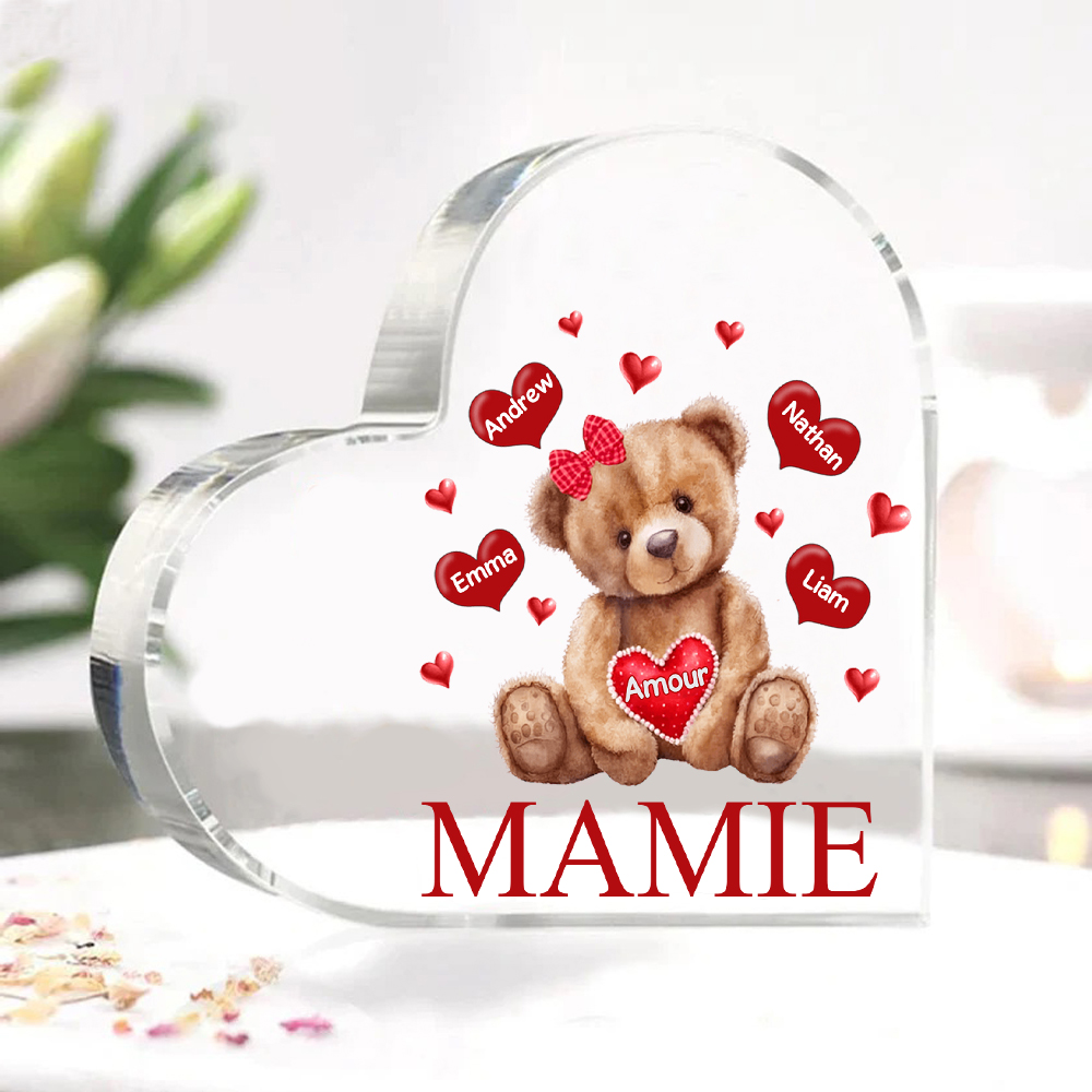 À ma Maman/Mamie - Plaque Acrylique Ours en Forme de Cœur 4 Prénoms Personnalisés avec 1 Texte