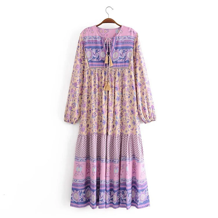Women's Boho Dress Tie V-Neck Long Sleeve Floral Print Bohemian Dress Holiday Dress