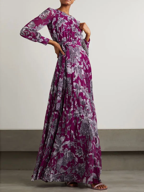 Pleated Floral Print Gown with Belt