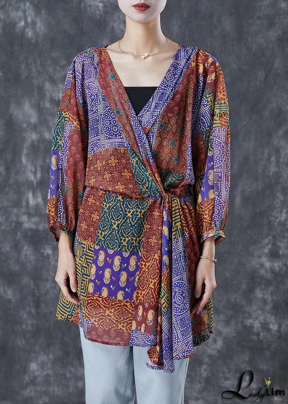 Boho Red Oversized Print Silk Holiday Dress Fall