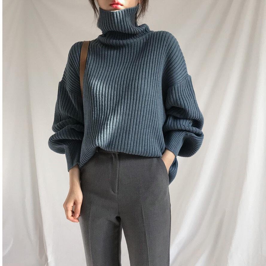 Oversized Cotton Knit Turtleneck Women Sweater Vintage Solid Cashmere Soft Loose Warm Thick Pullover Elastic Jumper Full Sleeve