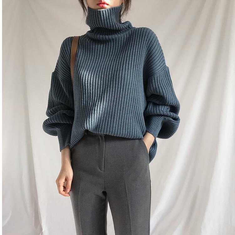 Oversized Cotton Knit Turtleneck Women Sweater Vintage Solid Cashmere Soft Loose Warm Thick Pullover Elastic Jumper Full Sleeve - BlackFridayBuys