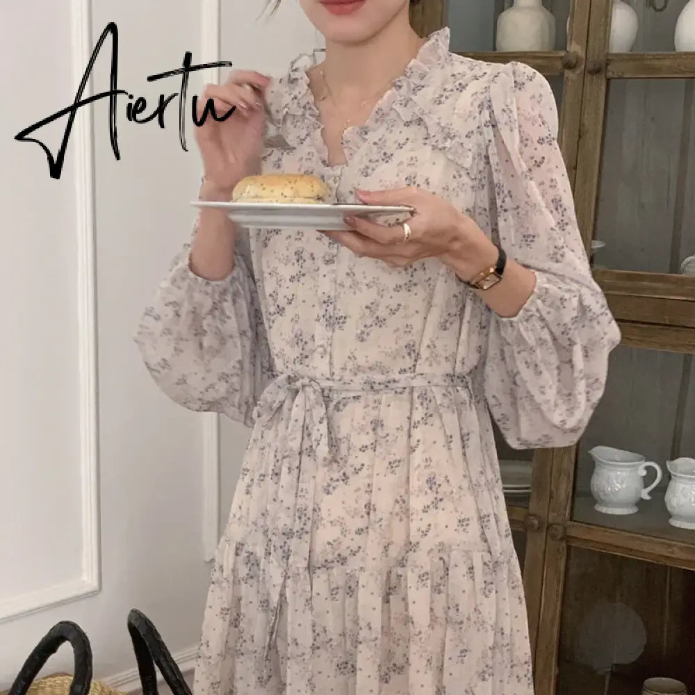 Aiertu Pink Sexy V-neck Chic Pace-up Floral Female Dresses Casual Slim Waist Sweet Elegant Long Sleeve 2-colors Women's Dresses Aiertu