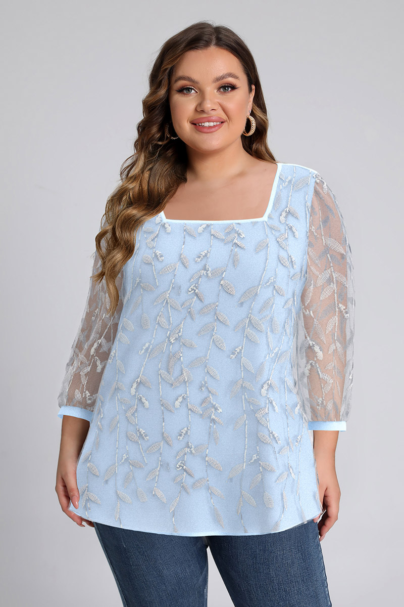 Flycurvy Plus Size Casual Light Blue Embroidery Double Layers Square Neck Lantern Sleeve Blouses