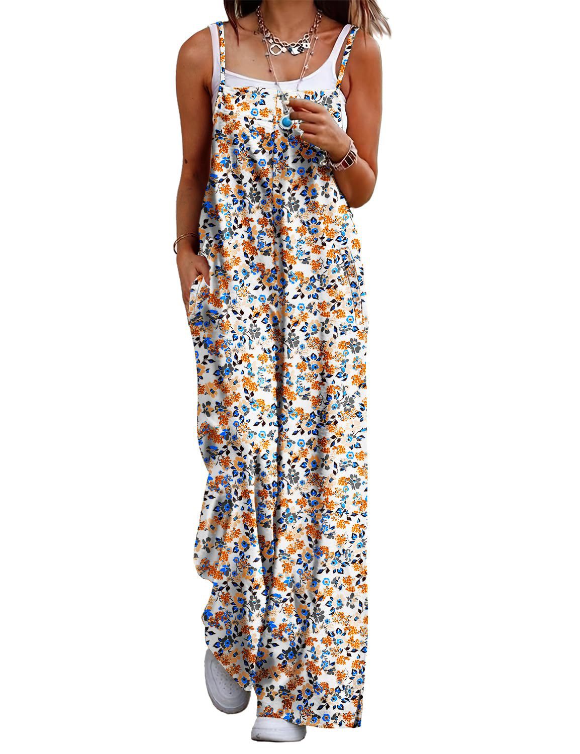 Cczzt Casual Loose Print Pocket Beach Holiday Jumpsuit Women Fashin Sleeveless Spaghetti Summer Wide Leg Pant Rompers Ladies 2025
