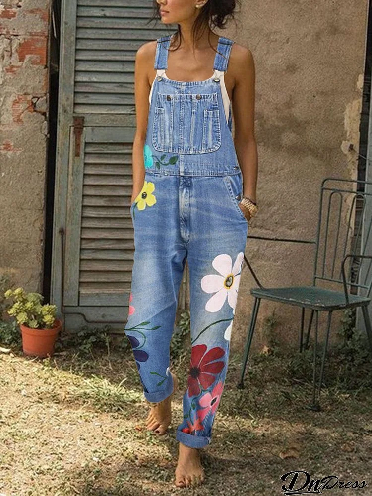 Women's Floral Denim Dungarees Jumpsuit