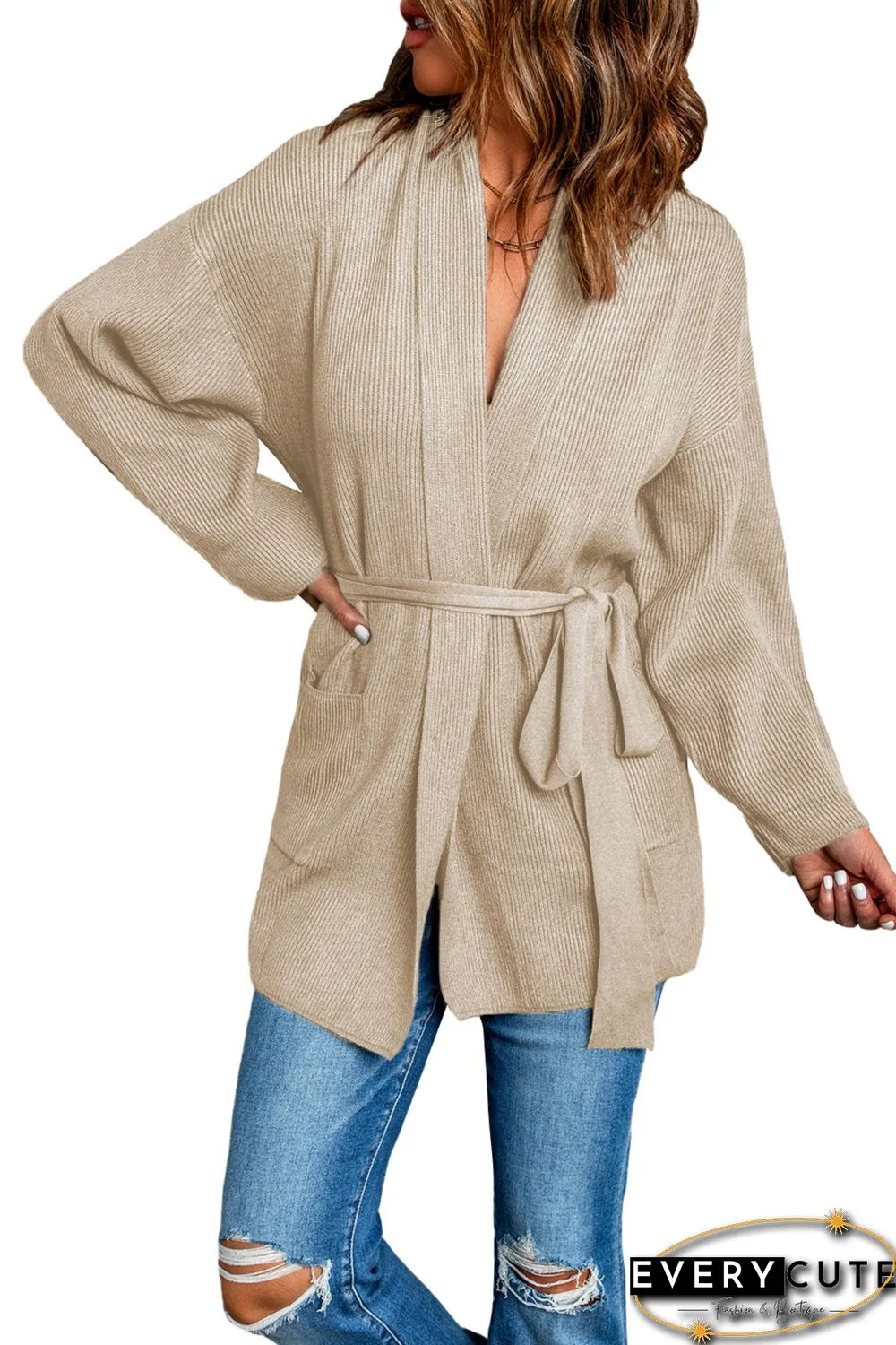 Apricot Robe Style Rib Knit Pocketed Cardigan with Belt