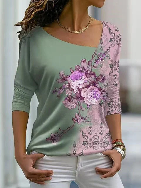 Women's Long Sleeve Scoop Neck Floral Print Casual Top