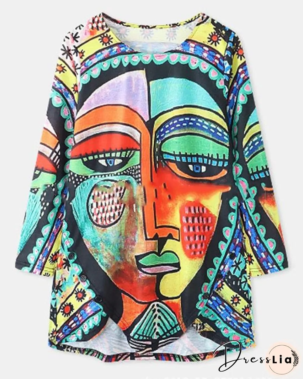 Casual Round Neck Loose Fit Graffiti Blouses