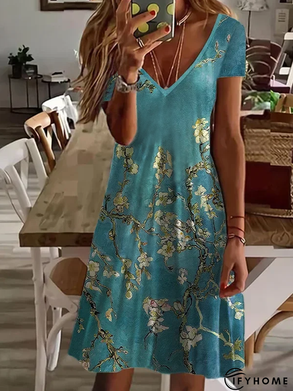 Casual Floral V Neck Short Sleeve Knit Dress | IFYHOME