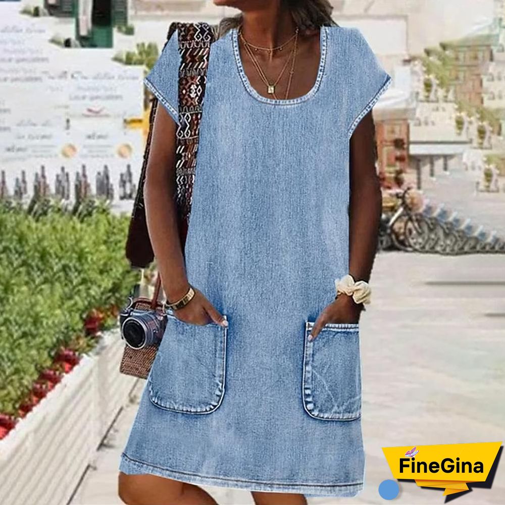 Blue Plain Short Sleeve Mini Dress