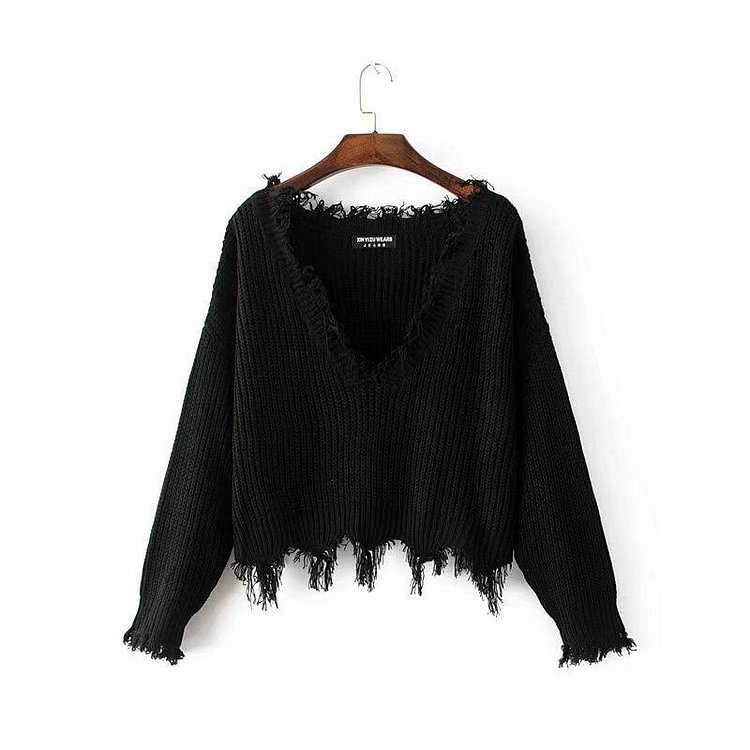 Gothic Distressed Knitted Long Sleeve Sweater Top
