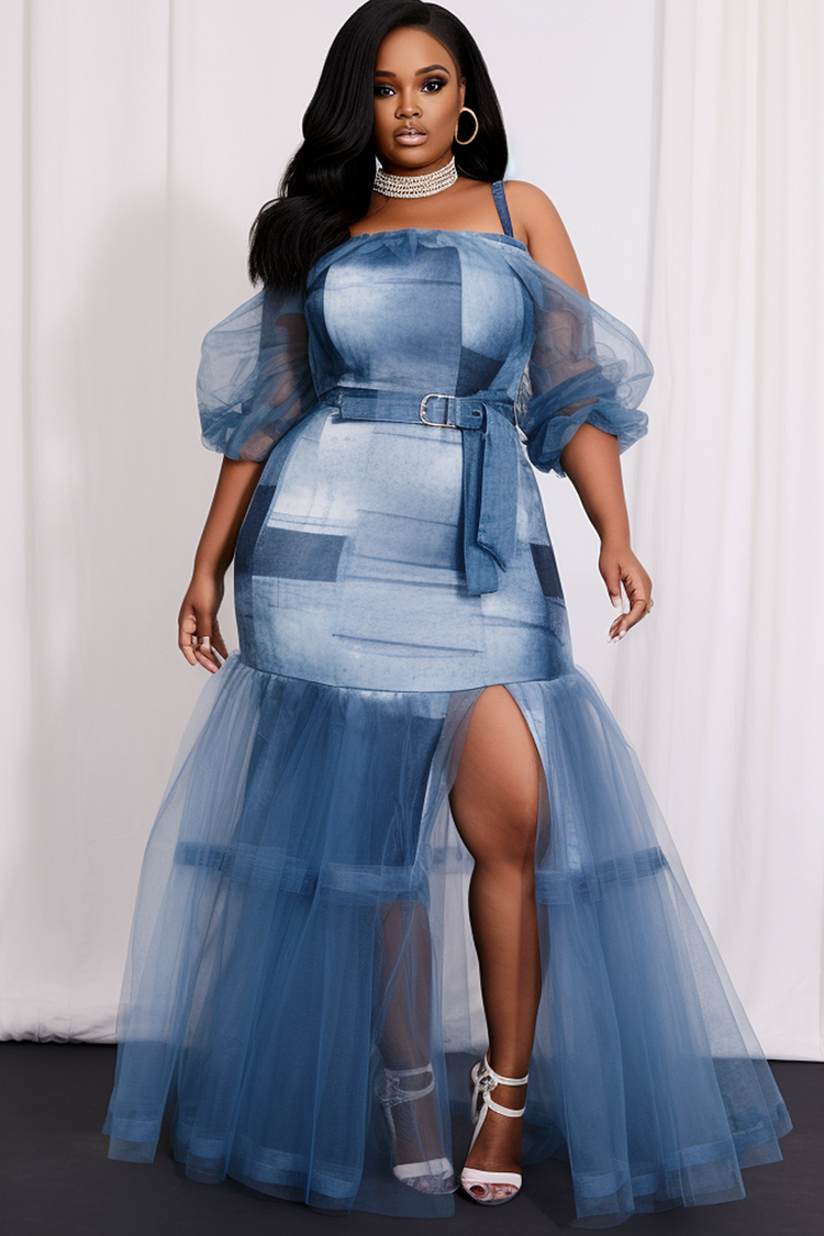 Xpluswear Design Plus Size Daily Blue Denim Print Cold Shoulder Half Sleeve See Through Split Knitted Maxi Dresses [Pre-Order]