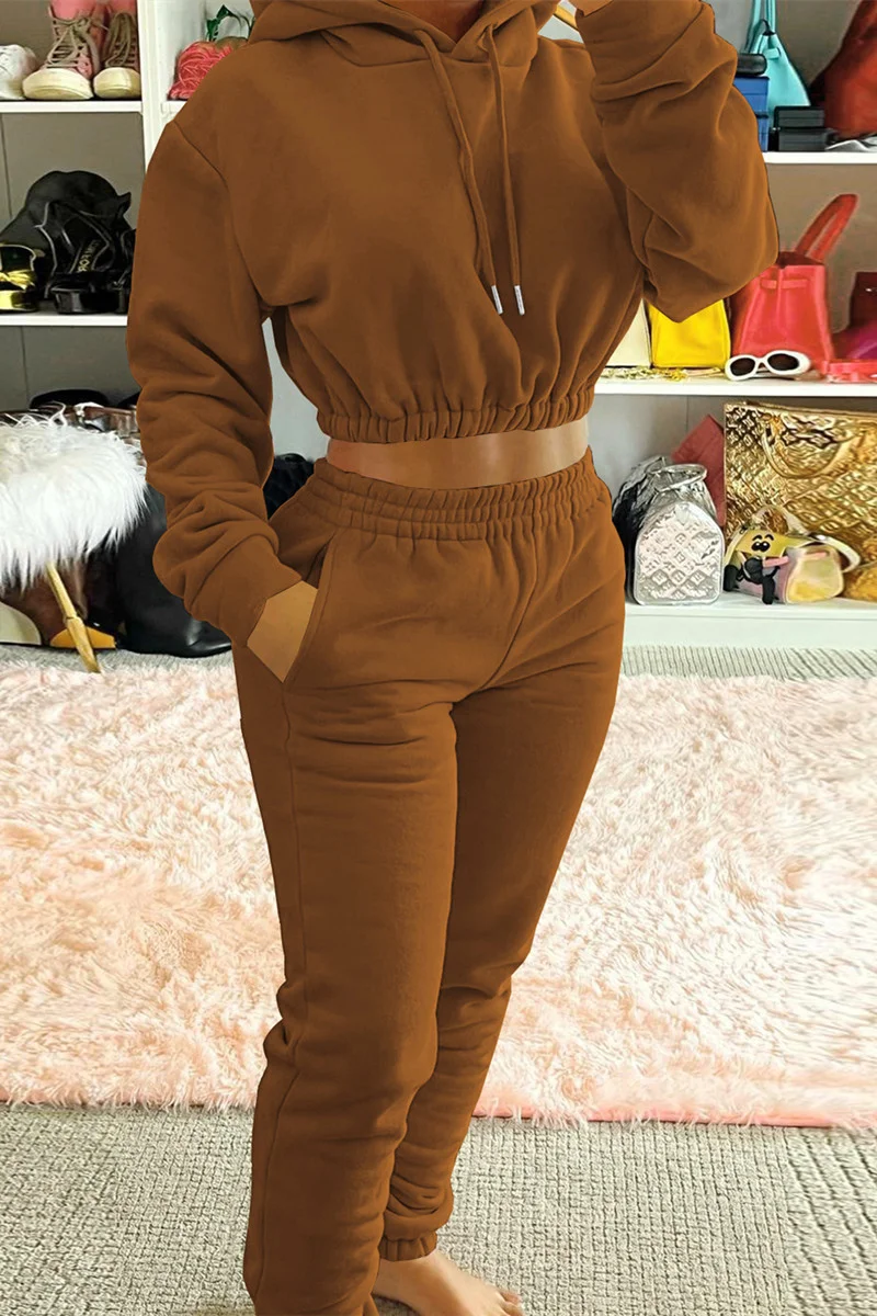 Coffee Fashion Casual Solid Basic Hooded Collar Long Sleeve Two Pieces