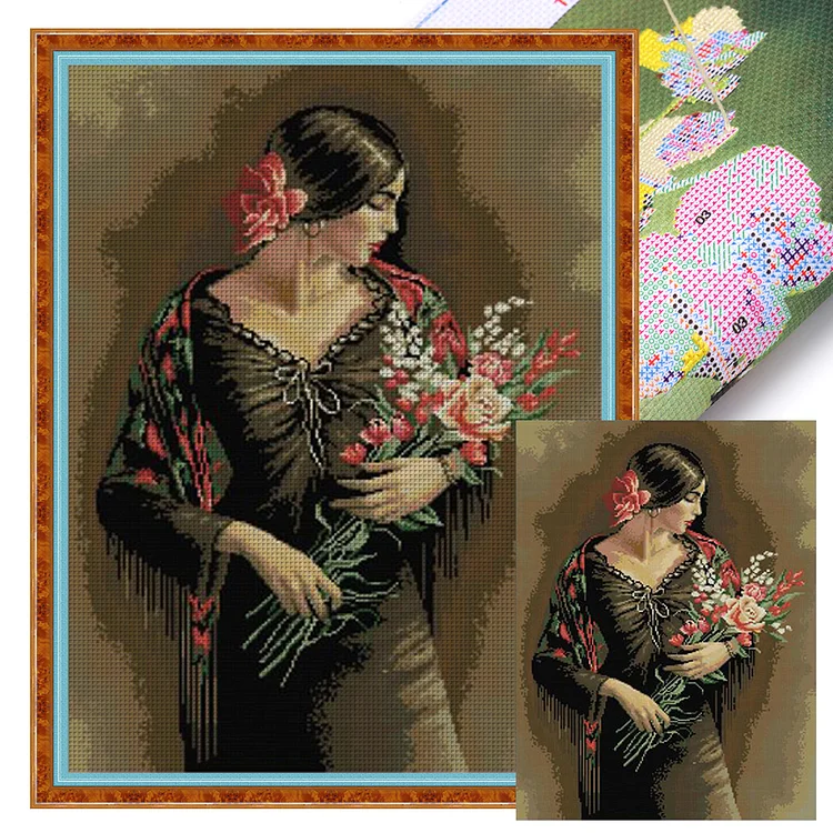 Joy Sunday- Beautiful girl smelling flowers 2- 14CT - 2 Strands Threads Printed Cross Stitch - 44*61cm(Canvas)
