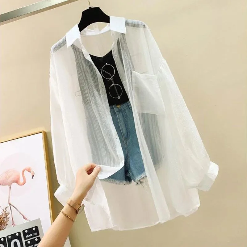 Uveng Uveng Women's Cardigan Thin Coat 2024 Summer Large-Size New Chiffon Shirt Korean Temperament Loose