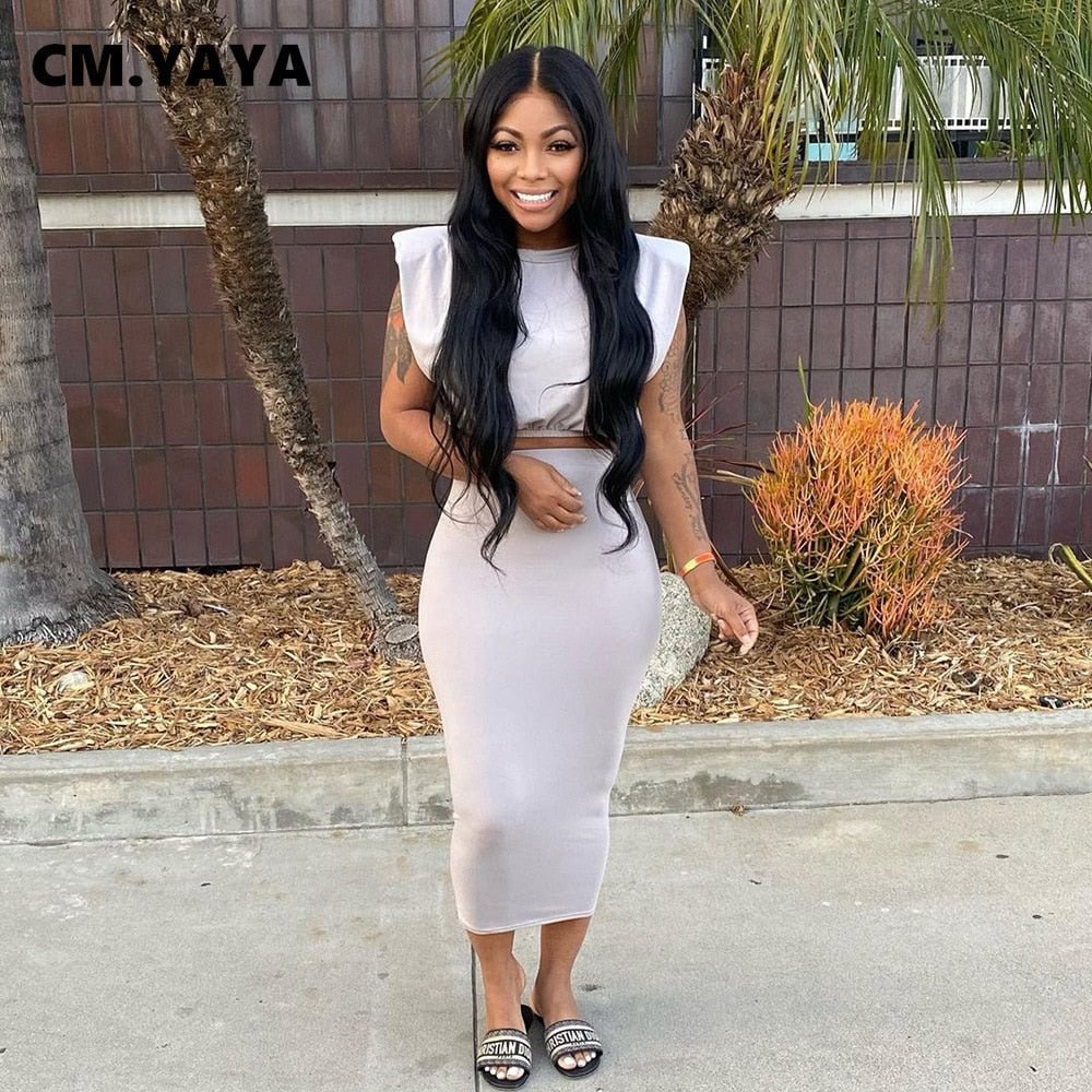 CM.YAYA Women Skirts Two 2 Piece Set Fashion Streetwear Crop Tops and Midi Skirt Matching Set Classic Outfits