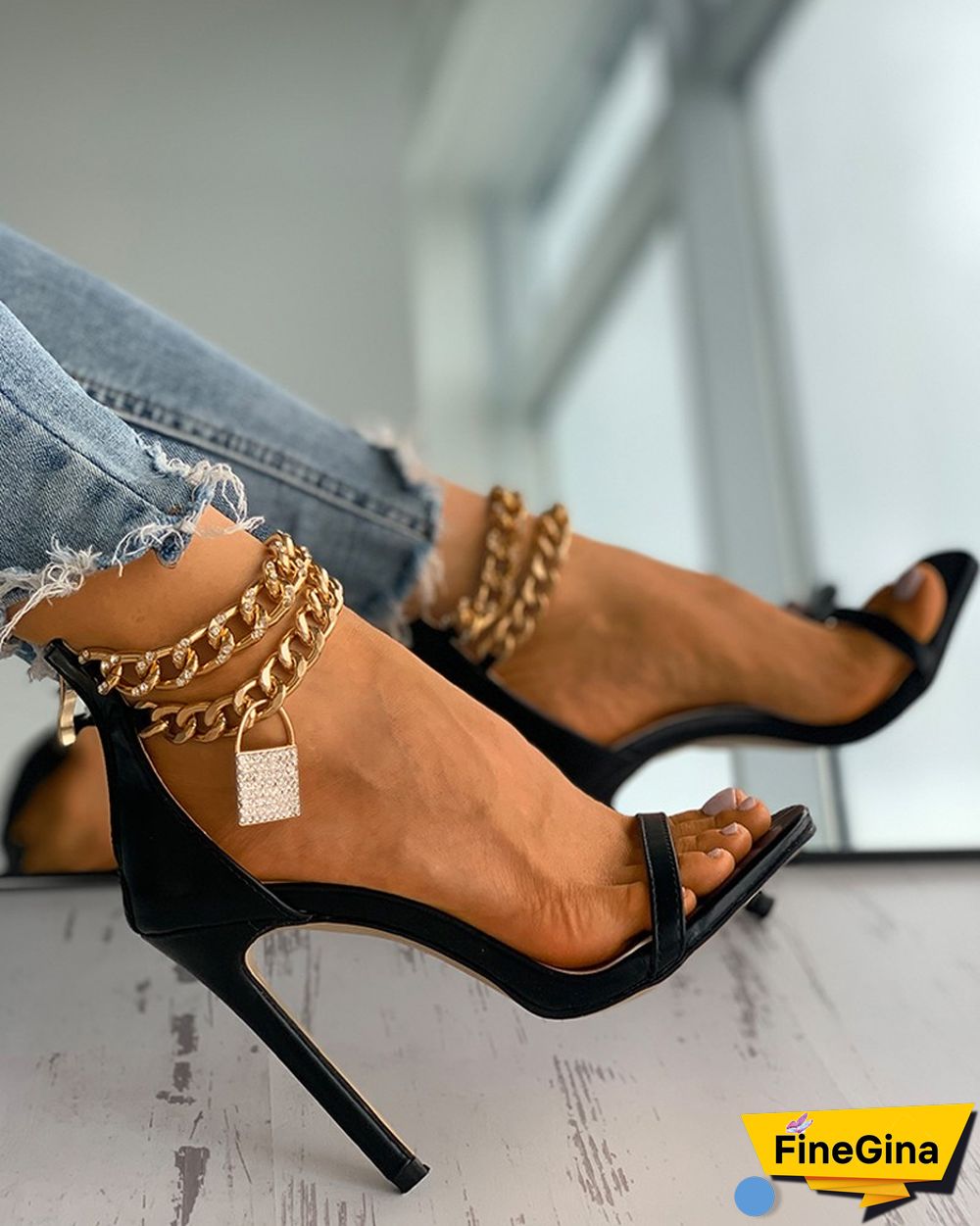 Lock Pattern Studded Chain Strap Stiletto Heels