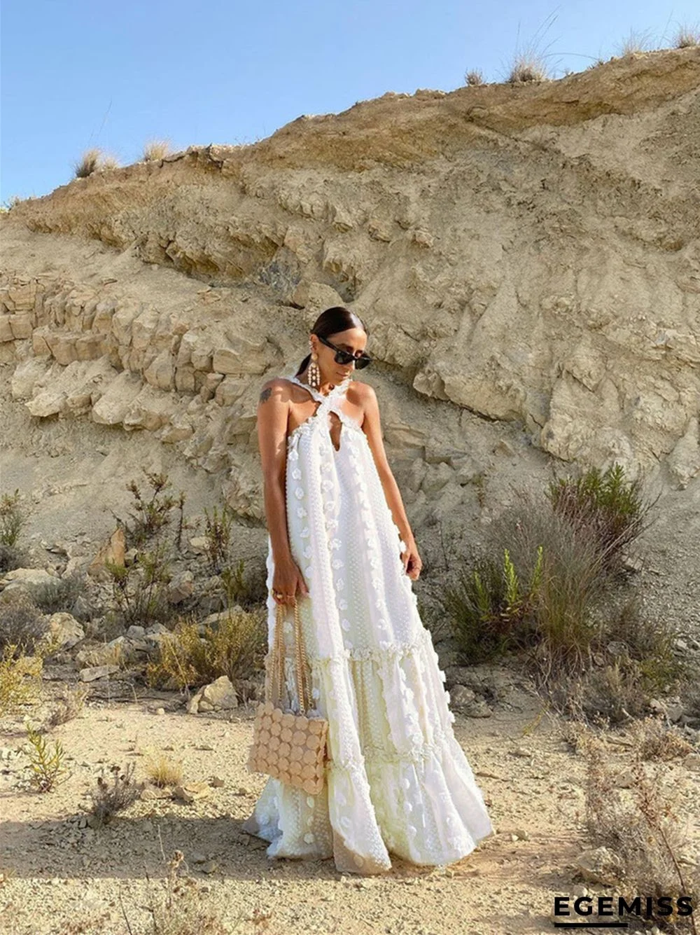 Fashion Neck Hanging Three-dimensional Flower Cake Long Dress | EGEMISS