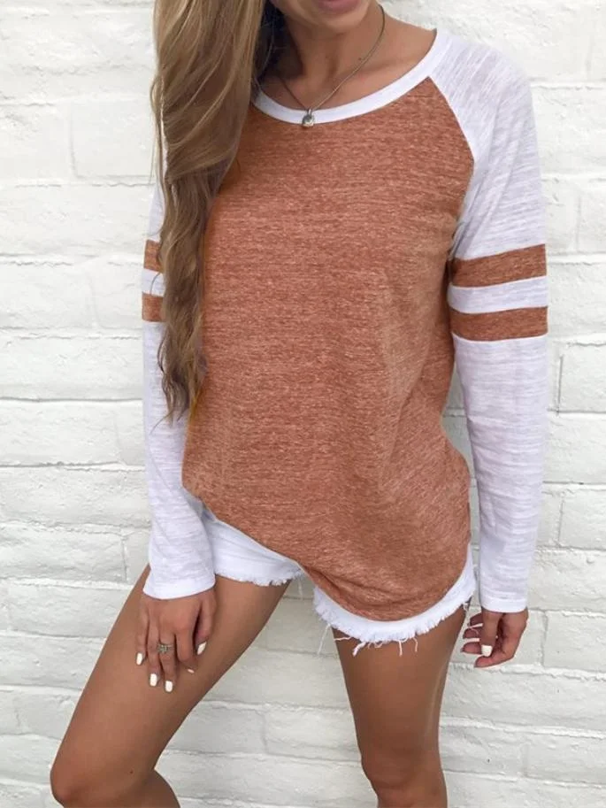 Women's Long Sleeve Scoop Neck Striped Stitching Top