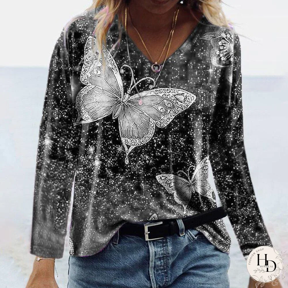 Fashion V Neck Butterfly Printed Long Sleeve Shirt