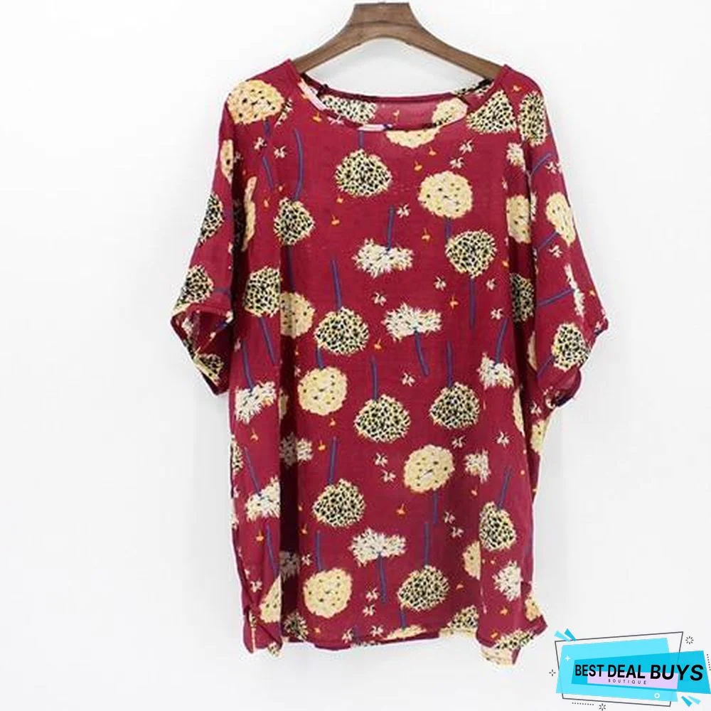 Plus Size Women Batwing Casual Tops Tees Floral Print Cotton Linen Blouses