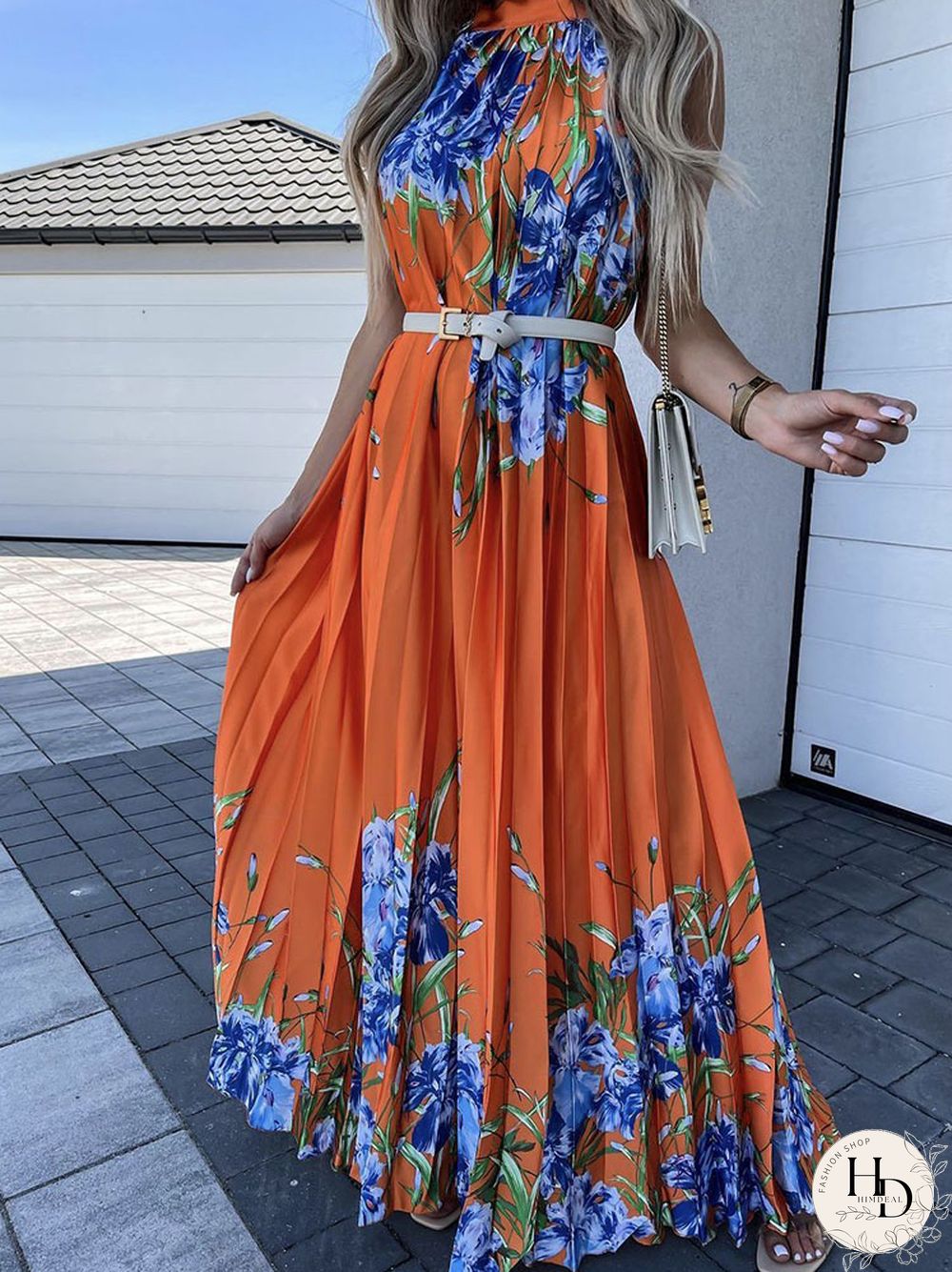 Female Trend Printed Pattern Boho Dress Fashion Sleeveless Hem Party Dress Sexy Halter Neck Off Shoulder Long Pleated Dress