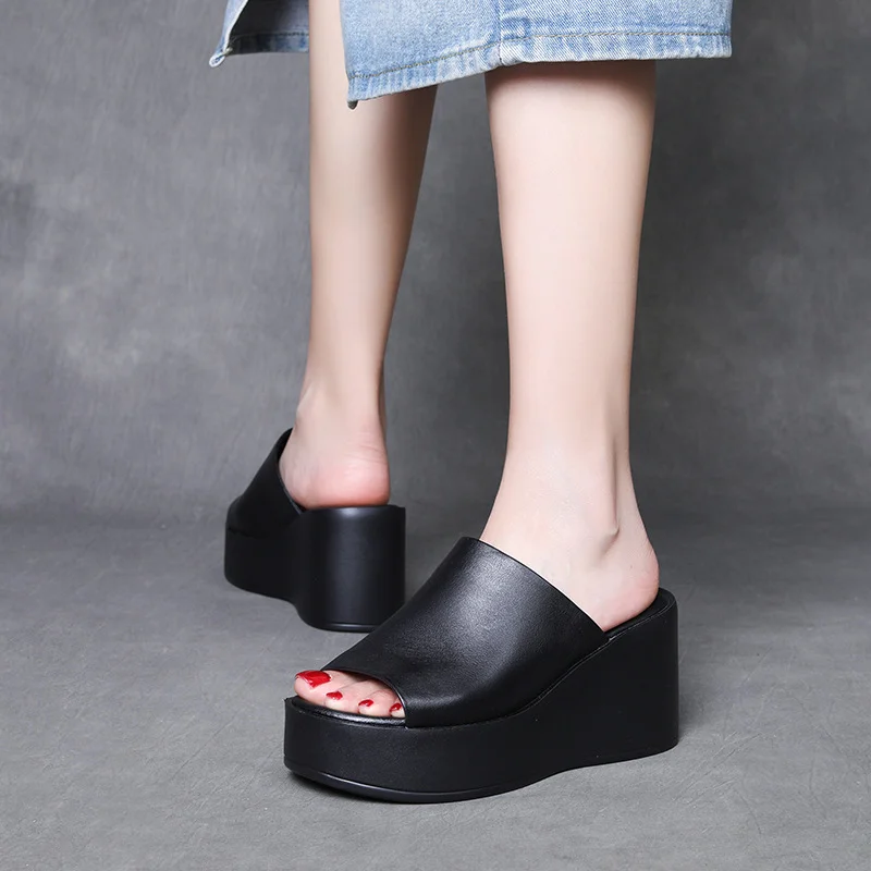 Yyvonne Time 99] Head-Level Cow Skin Retro Slope Hedley Sandals Women In Summer Wearing Loose Cake Thick Bottom Fish Mouth Half Slippers