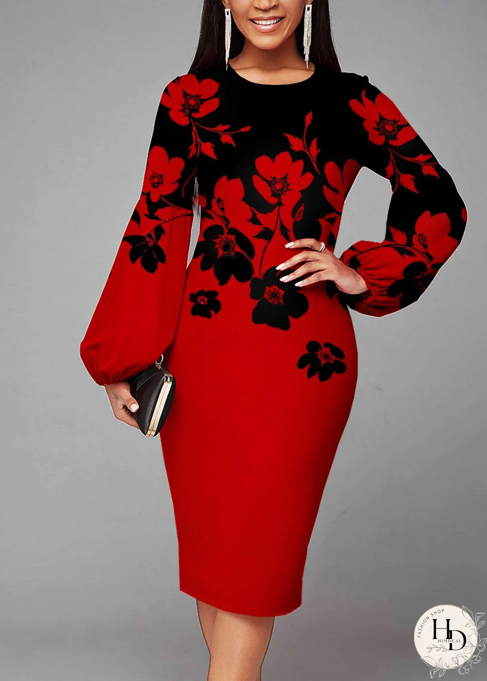 Round Neck Floral Print Puff Sleeve Dress
