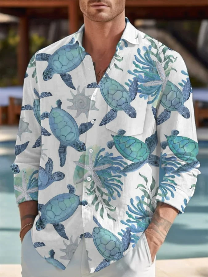 Maui Turtle Print Lapel Pocket Long Sleeve Men's Shirt