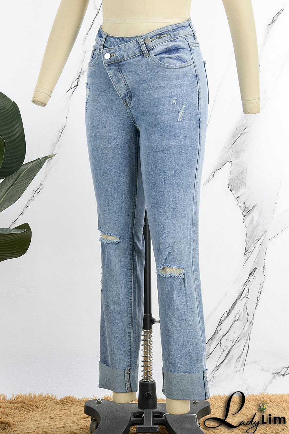 Light Blue Street Solid Ripped Patchwork High Waist Denim Jeans