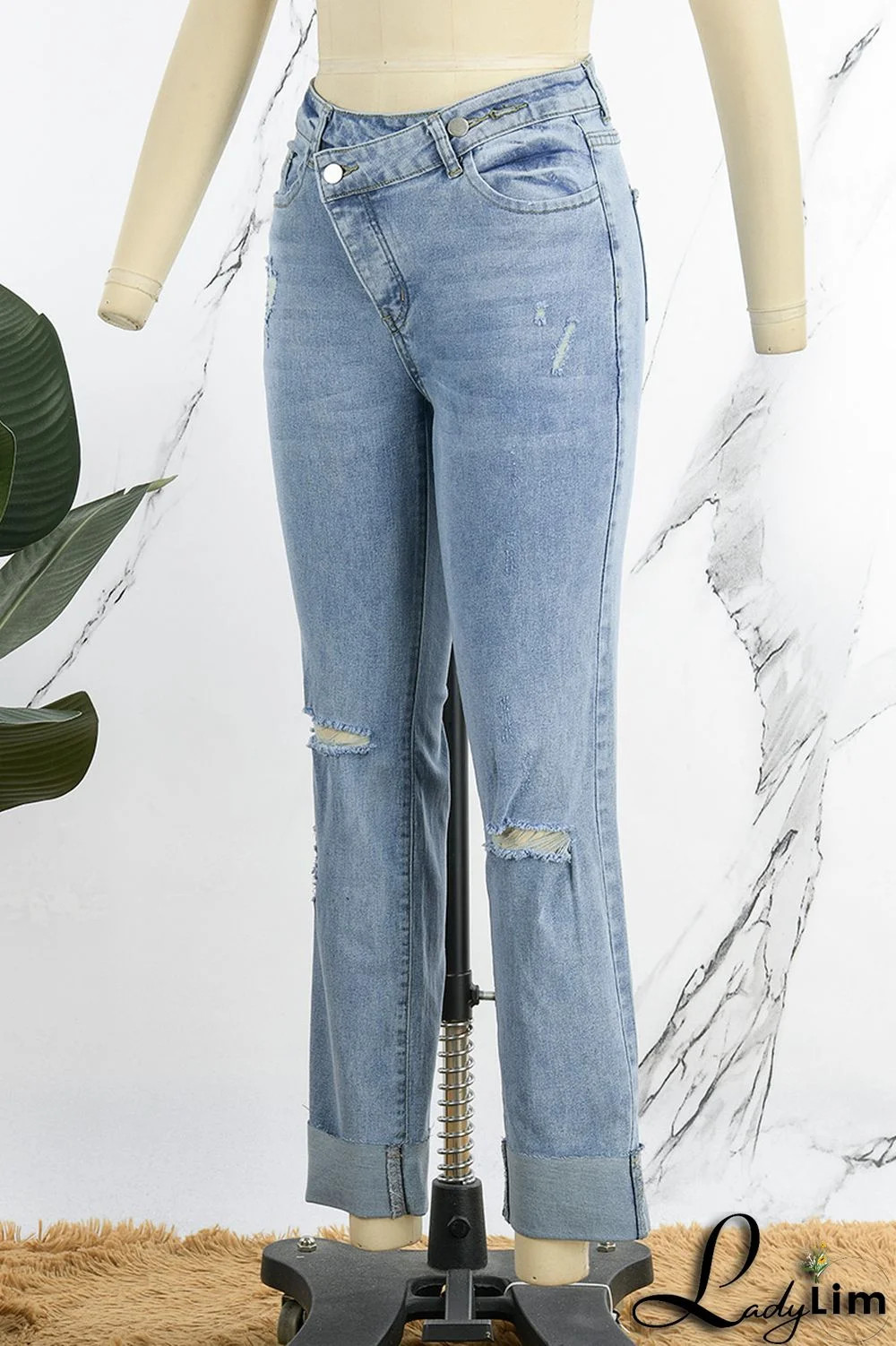 Light Blue Street Solid Ripped Patchwork High Waist Denim Jeans