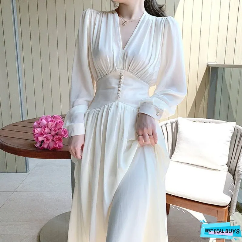 Elegant Dress Women Solid Long Sleeve Fairy Party Dress Office Lady Sexy V-Neck Loose Midi Dress Spring Clothing Female
