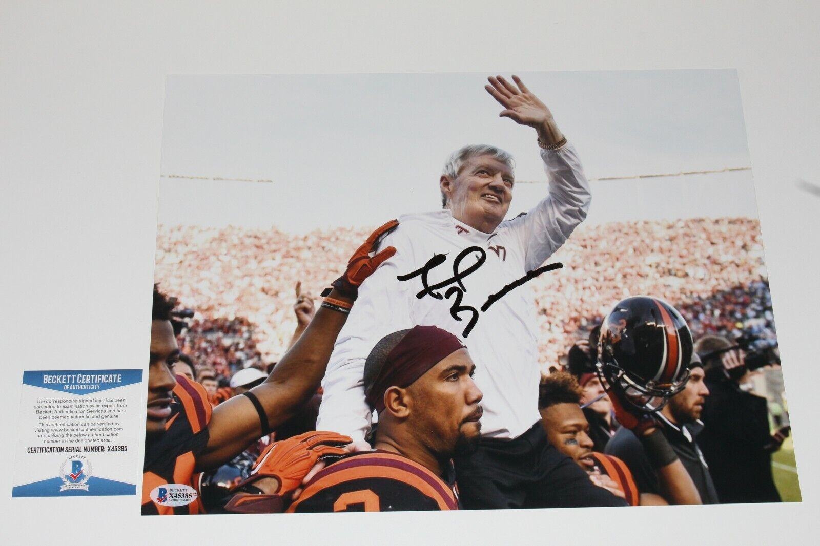 VIRGINIA TECH COACH FRANK BEAMER SIGNED 11X14 Photo Poster painting B BECKETT COA NCAA HOKIES