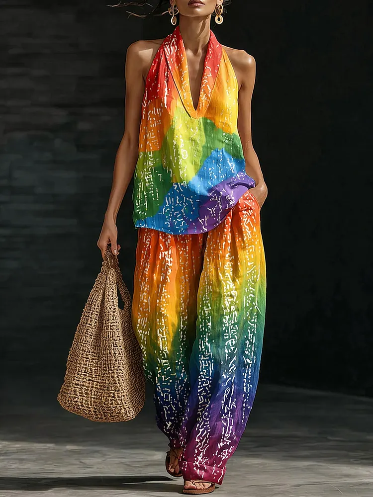 Women&rsquo;s Rainbow Gradient Color Creative Print Two-Piece Set