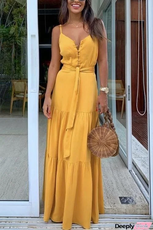 Button Belted Slip Maxi Dress