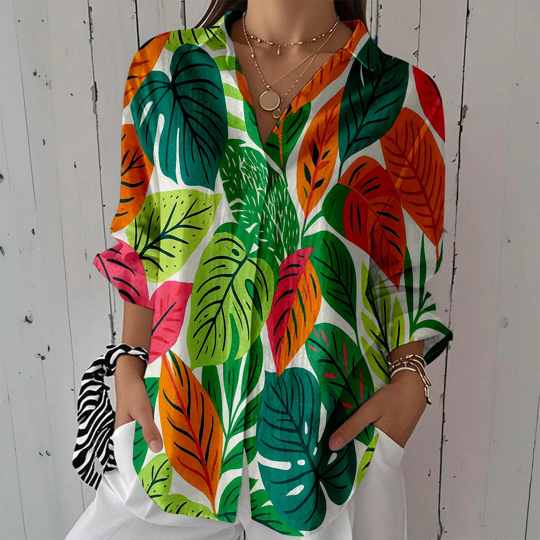Style & Comfort for Mature Women Women Tropical, Floral, Green DZCL0081 3/4 Sleeve Shirt Collar Printed Button Tops