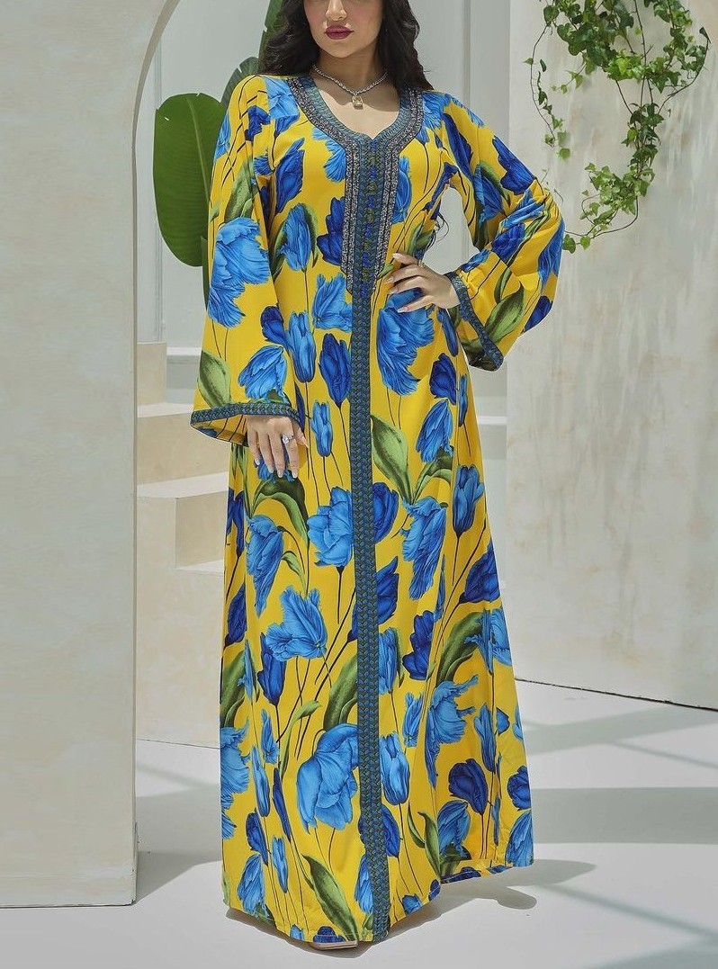 Women's Floral Pattern Stamping Lace V Neck Long Sleeve Kaftan | Oxredo Shop Ramadan Sale